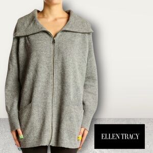 Ellen Tracy Women's Grey 100% Wool Full Zip Oversized Cardigan FoldOver Collar L